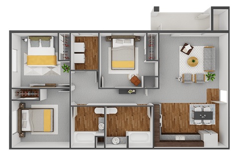 Floor plan for 3 beds, 2 baths, 1100 sqft
